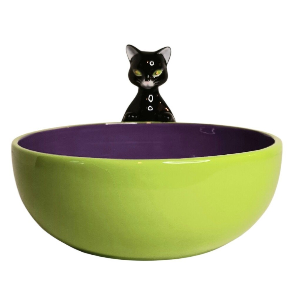 Halloween Black Cat Purple & Green Ceramic Candy Bowl By Harry & David VTG 2005